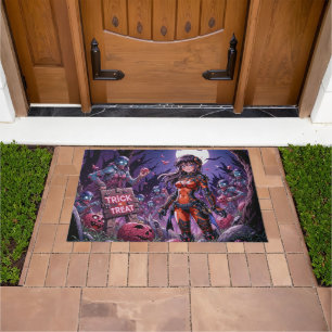 Trick or Treat Halloween Zombies Handing out Brain Doormat