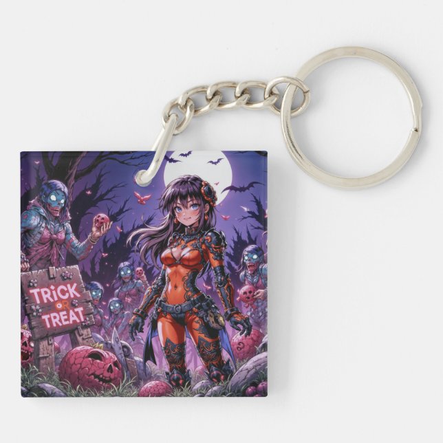 Trick or Treat Halloween Zombies Handing out Brain Key Ring (Back)