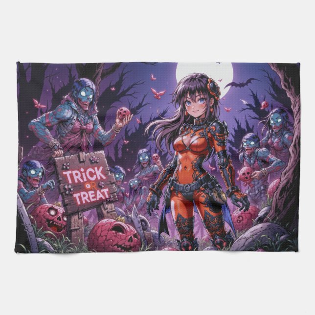 Trick or Treat Halloween Zombies Handing out Brain Tea Towel (Horizontal)