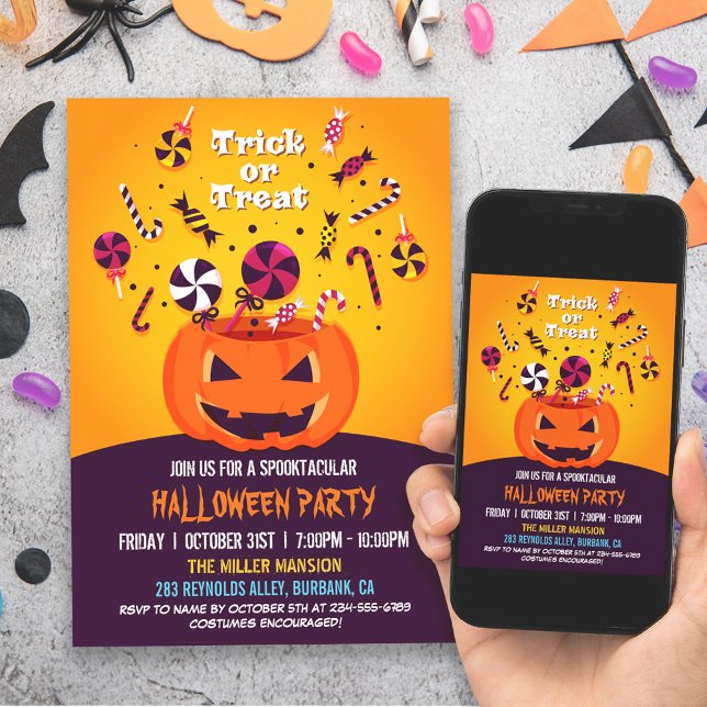 Trick or Treat Jack-O-lantern Halloween Party Invitation (Get ready to treat your guests to a spooktacular time with this festive and inviting invitation!)