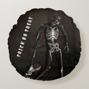 Trick or Treat. Man dressed as skeleton Round Cushion