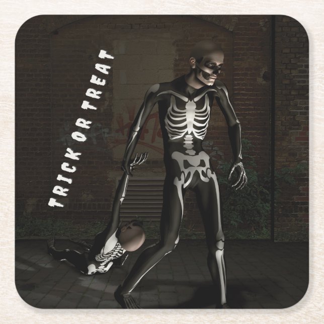 Trick or Treat. Man dressed as skeleton Square Paper Coaster (Front)