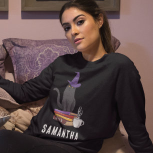 Trick or Treat Modern Black Cat Womens Halloween Sweatshirt