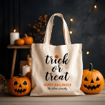 Trick or Treat Modern Script Custom Halloween Tote Bag<br><div class="desc">These scary cute Halloween tote / candy bags feature "Trick or Treat" in modern black script with an orange jack o'lantern pumpkin accent. Personalise and order matching bags for your family.</div>
