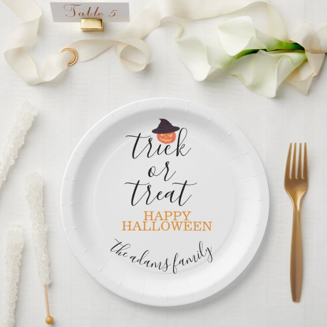 Trick or Treat Modern Script Halloween  Paper Plate (Wedding)