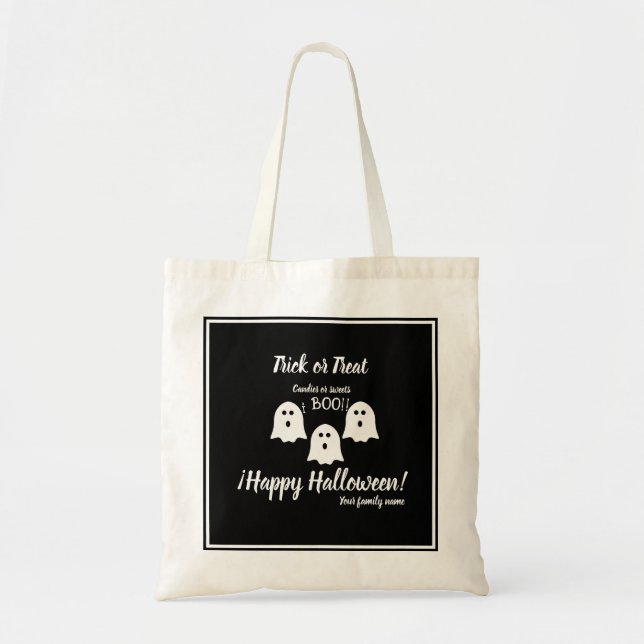 trick or treat,name, halloween personalised, boo! tote bag (Front)