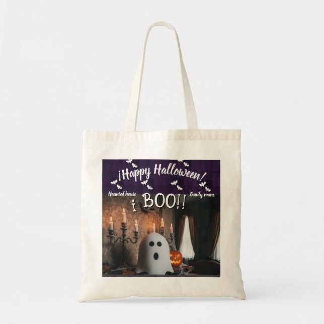trick or treat,name, halloween personalised, boo! tote bag (Front)