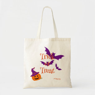 Trick or Treat Pumpkin Bats Script Halloween Tote