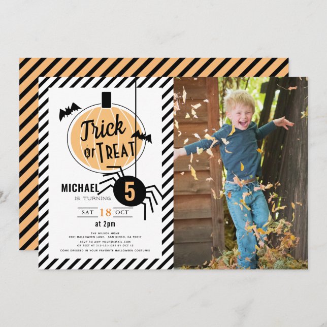 Trick or Treat Pumpkin Halloween Photo Birthday Invitation (Front/Back)