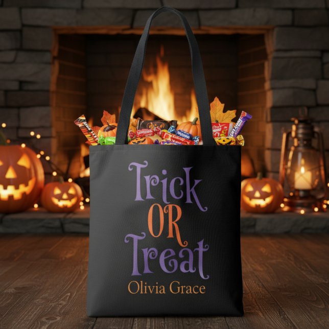 Trick or Treat Purple & Orange Custom Halloween Tote Bag (Trick or Treat Purple & Orange Custom Halloween Tote Bag - add your favorite trick-or-treater's name)