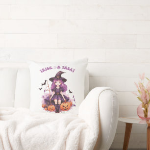 Trick or Treat Purple Witch Pumpkins & Bats Cushion