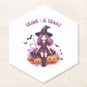 Trick or Treat Purple Witch Pumpkins & Bats Paper Coaster