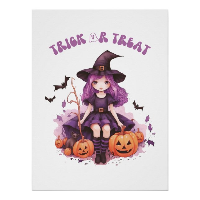 Trick or Treat Purple Witch Pumpkins & Bats Poster (Front)