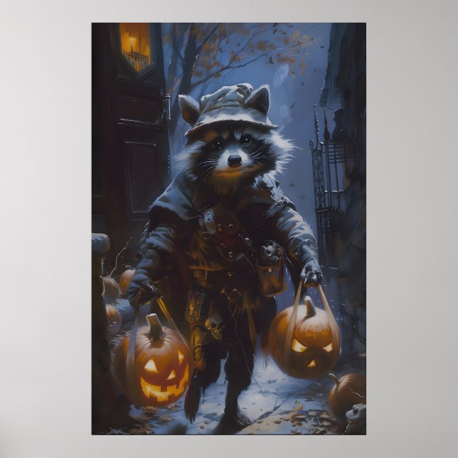 Trick or Treat Racoon with Jack-o'-Lanterns Poster (Front)