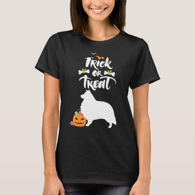 Trick Or Treat Sheltie Shetland Sheepdog Dog Hallo T-Shirt (Front)