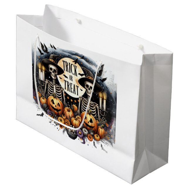 Trick or Treat Skeletons & Pumpkins Halloween Large Gift Bag (Front Angled)