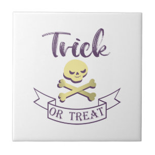 Trick or treat skull crossbones Halloween ribbon Ceramic Tile