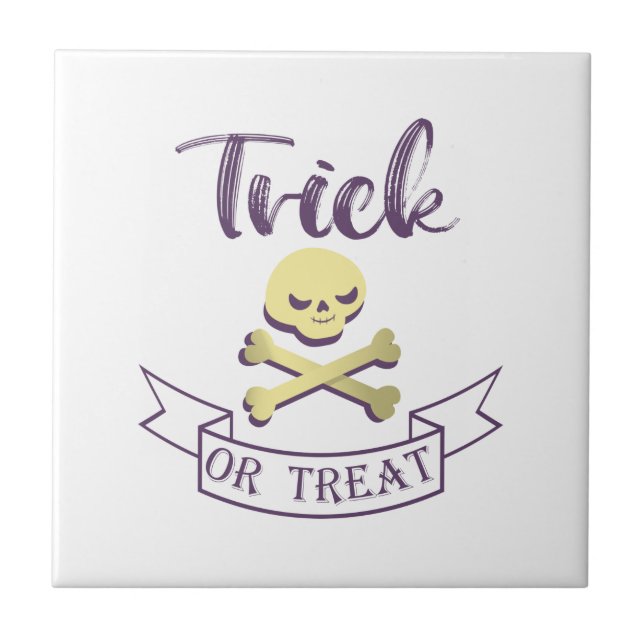Trick or treat skull crossbones Halloween ribbon Ceramic Tile (Front)