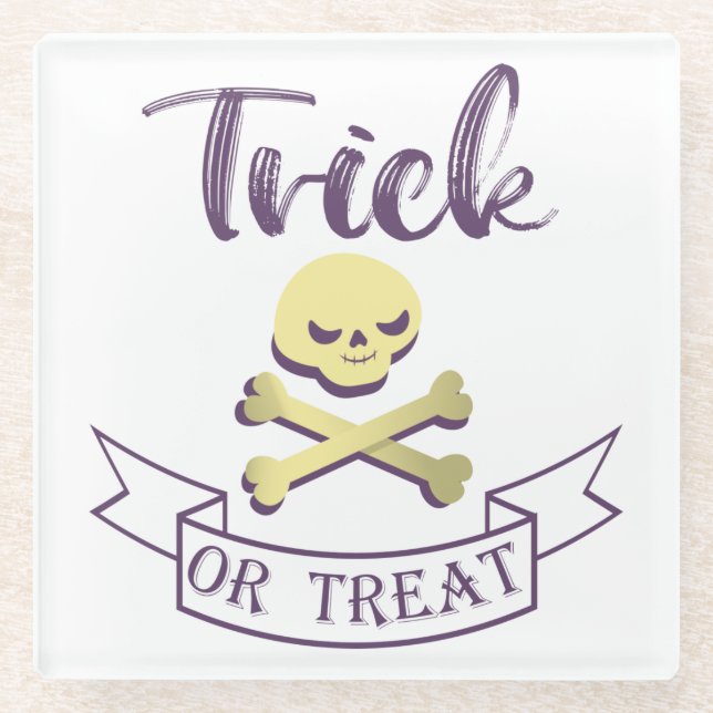 Trick or treat skull crossbones Halloween ribbon Glass Coaster (Front)