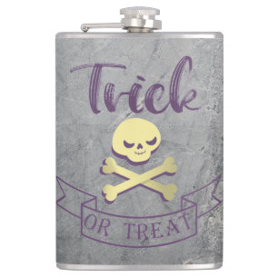 Trick or treat skull crossbones Halloween ribbon Hip Flask