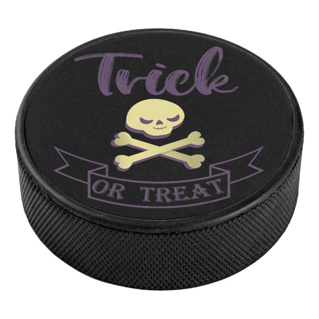 Trick or treat skull crossbones Halloween ribbon Hockey Puck (3/4)