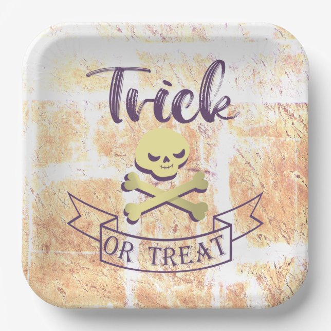 Trick or treat skull crossbones Halloween ribbon Paper Plate (Front)