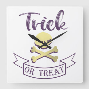 Trick or treat skull crossbones Halloween ribbon Square Wall Clock