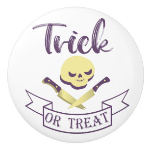 Trick or treat skull crossbones Halloween ribbon T Ceramic Knob