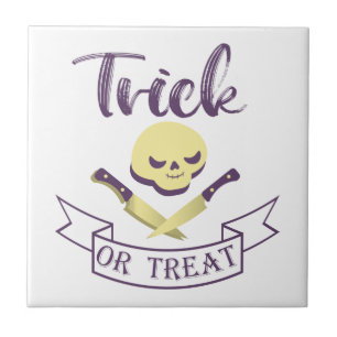 Trick or treat skull crossbones Halloween ribbon T Ceramic Tile