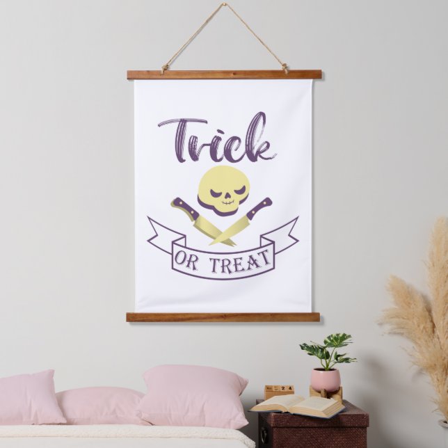 Trick or treat skull crossbones Halloween ribbon T Hanging Tapestry (Bedroom)