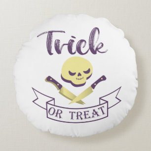 Trick or treat skull crossbones Halloween ribbon T Round Cushion
