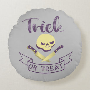Trick or treat skull crossbones Halloween ribbon T Round Cushion
