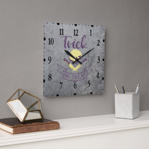 Trick or treat skull crossbones Halloween ribbon T Square Wall Clock