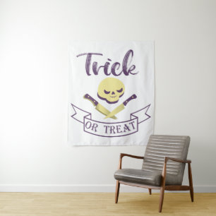Trick or treat skull crossbones Halloween ribbon T Tapestry