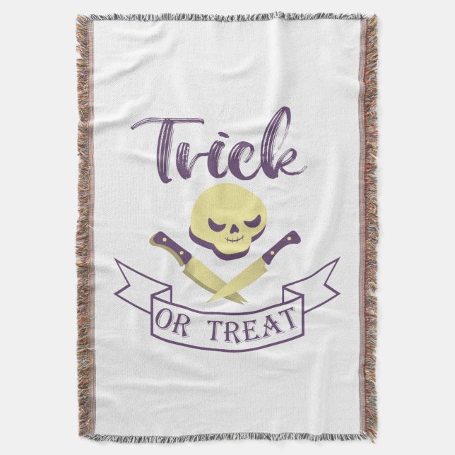 Trick or treat skull crossbones Halloween ribbon T Throw Blanket (Front Vertical)