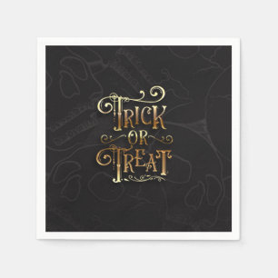 Trick or Treat Skulls Black & Gold Halloween Party Napkin