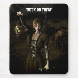 Trick or Treat. Thin female carrying lamp Mouse Pad