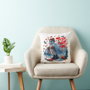 Trick or Treat Time: Ghost Skiing Fun Design Cushion