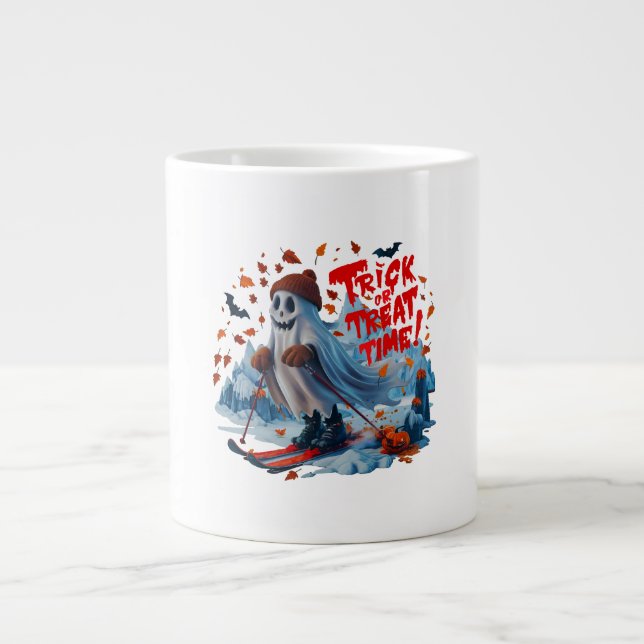 Trick or Treat Time: Ghost Skiing Fun Design  Large Coffee Mug (Front)