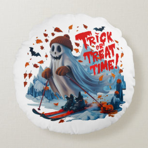 Trick or Treat Time: Ghost Skiing Fun Design Round Cushion