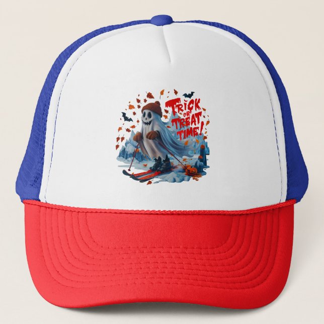 Trick or Treat Time: Ghost Skiing Fun Design  Trucker Hat (Front)