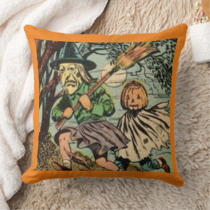 TRICK OR TREAT VINTAGE HALLOWEEN NEWSPAPER PRINT CUSHION