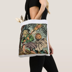 TRICK OR TREAT VINTAGE HALLOWEEN NEWSPAPER PRINT TOTE BAG