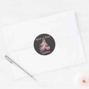 Trick or Treat Vintage Pink Ghost Custom Name Classic Round Sticker