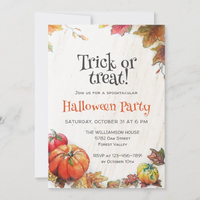 Trick or Treat Watercolor Pumpkin Boo Halloween Invitation (Front)