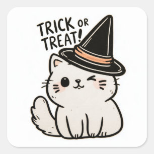 Trick or Treat! - White Cat with Hat 1 Square Sticker