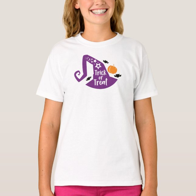 Trick Or Treat, Witch Hat, Bats, Stars, Halloween T-Shirt (Front)