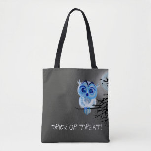 "Trick or treat" with blue baby owl Tote Bag
