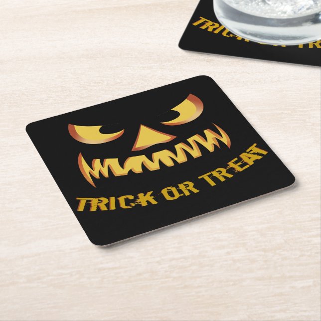 Trick or Treat with Pumpkin Face Square Paper Coaster (Angled)