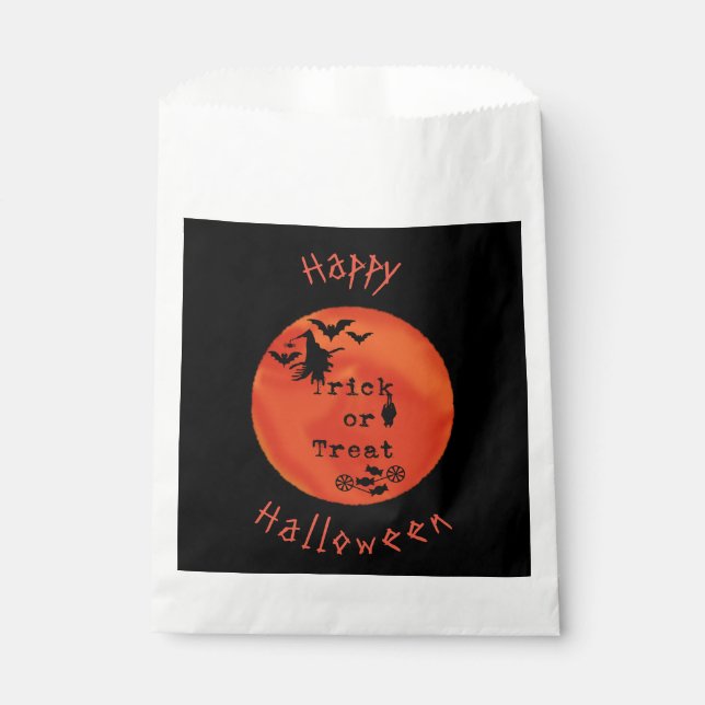 Trick or Treat with Witch & Bats on Orange Moon Favour Bag (Front)